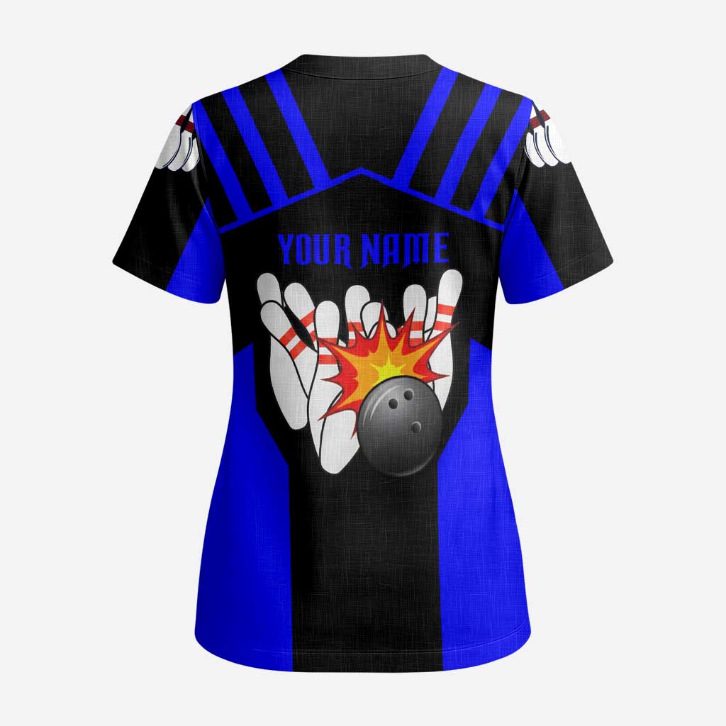 Custom Blue and Black Bowling Scrub Top with Exploding Strike Design Pin Graphics - Wonder Print Shop