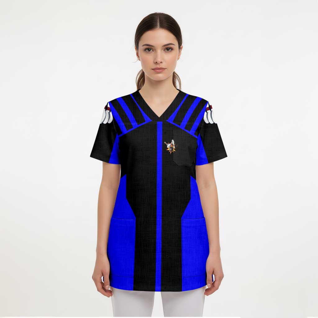 Custom Blue and Black Bowling Scrub Top with Exploding Strike Design Pin Graphics - Wonder Print Shop