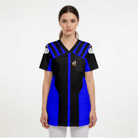 Custom Blue and Black Bowling Scrub Top with Exploding Strike Design Pin Graphics - Wonder Print Shop