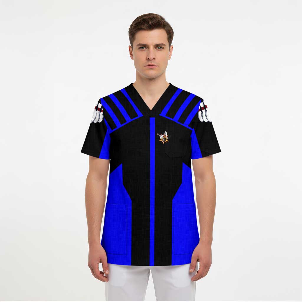 Custom Blue and Black Bowling Scrub Top with Exploding Strike Design Pin Graphics - Wonder Print Shop