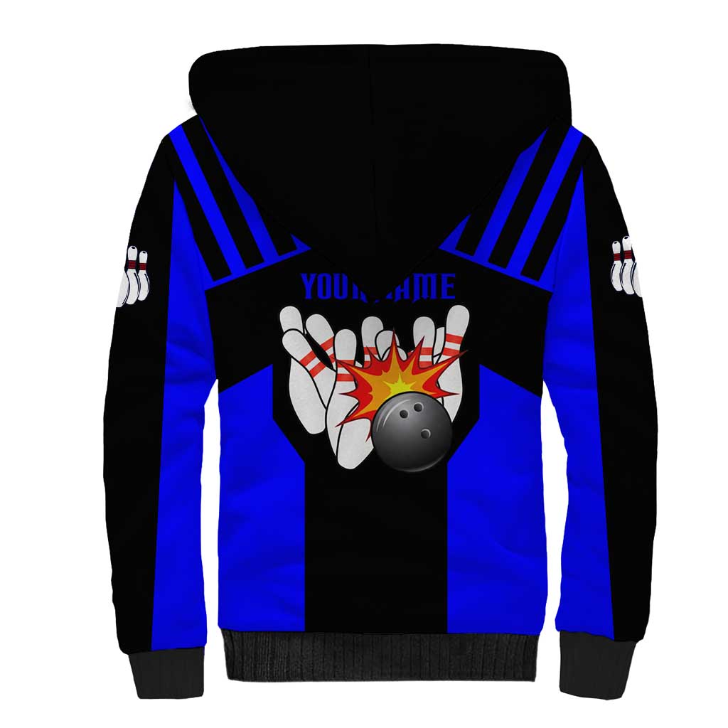 Custom Blue and Black Bowling Sherpa Hoodie with Exploding Strike Design Pin Graphics - Wonder Print Shop