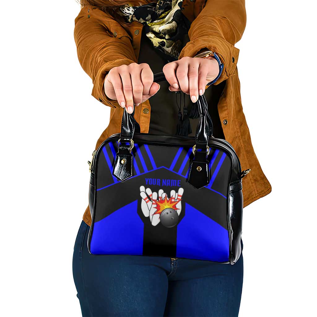 Custom Blue and Black Bowling Shoulder Handbag with Exploding Strike Design Pin Graphics - Wonder Print Shop