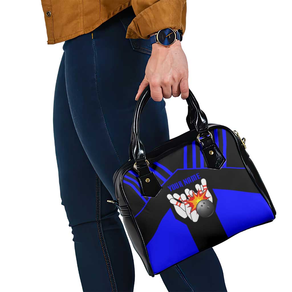 Custom Blue and Black Bowling Shoulder Handbag with Exploding Strike Design Pin Graphics - Wonder Print Shop