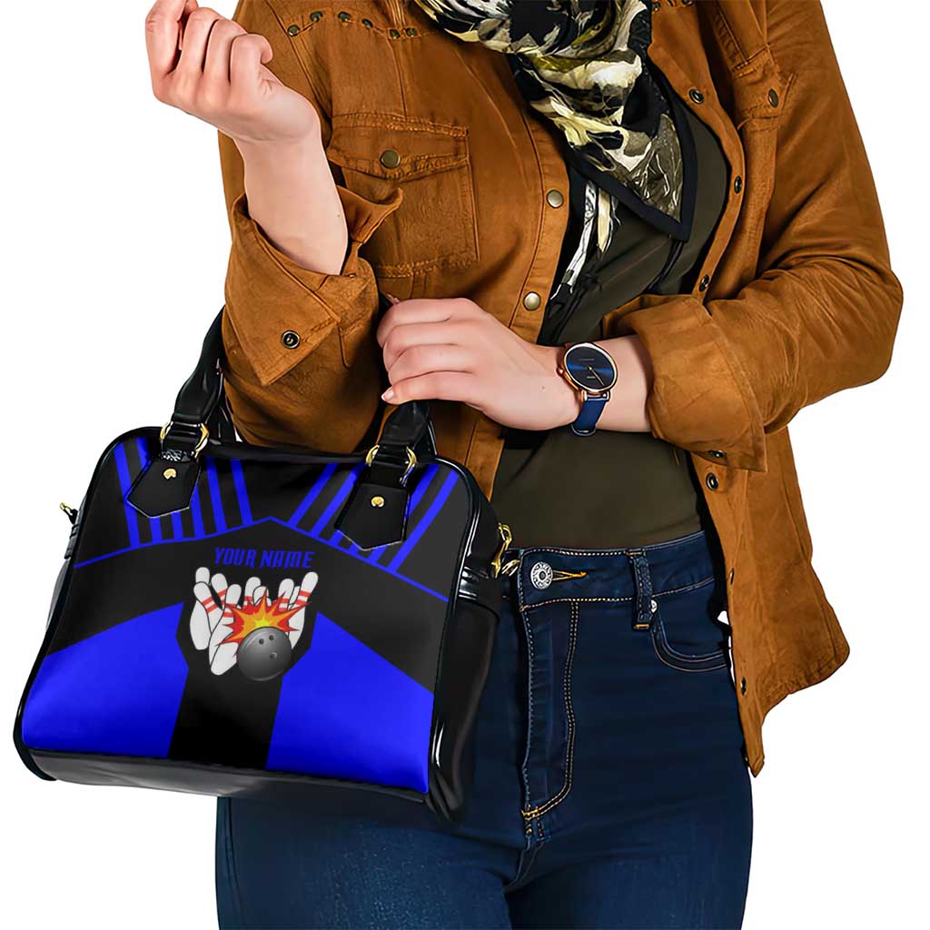 Custom Blue and Black Bowling Shoulder Handbag with Exploding Strike Design Pin Graphics - Wonder Print Shop