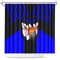 Custom Blue and Black Bowling Shower Curtain with Exploding Strike Design Pin Graphics - Wonder Print Shop