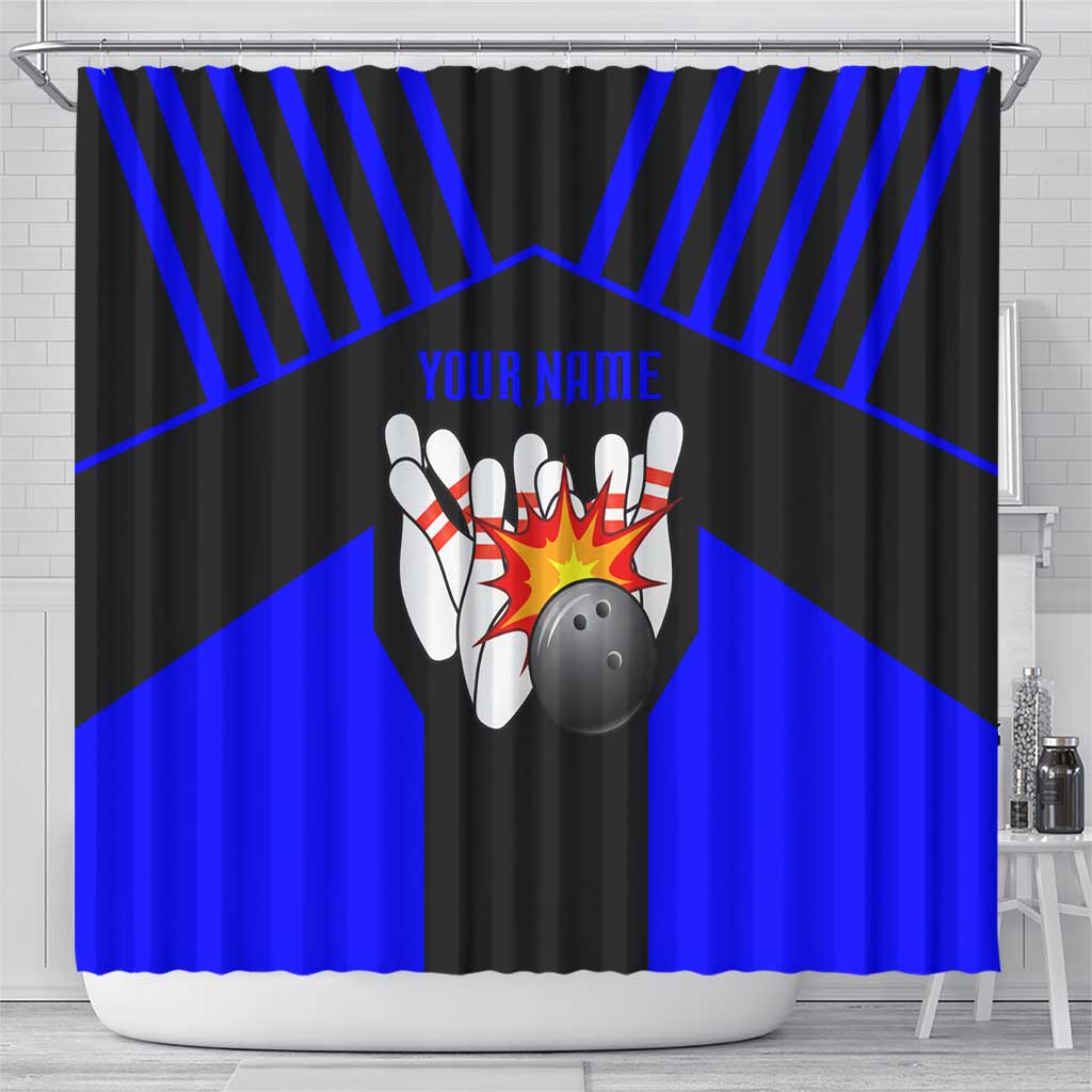 Custom Blue and Black Bowling Shower Curtain with Exploding Strike Design Pin Graphics - Wonder Print Shop