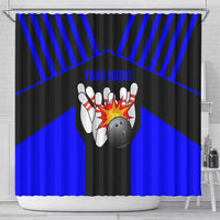 Custom Blue and Black Bowling Shower Curtain with Exploding Strike Design Pin Graphics - Wonder Print Shop