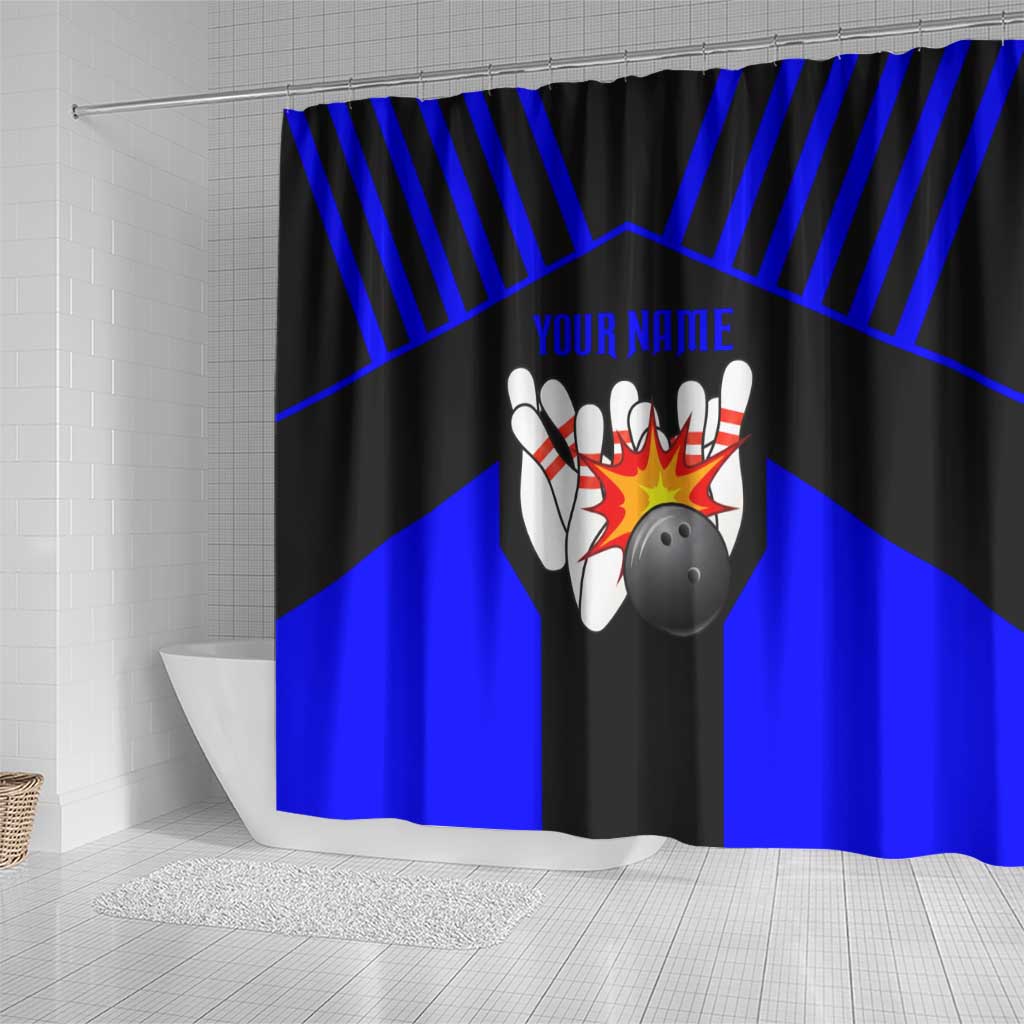 Custom Blue and Black Bowling Shower Curtain with Exploding Strike Design Pin Graphics - Wonder Print Shop