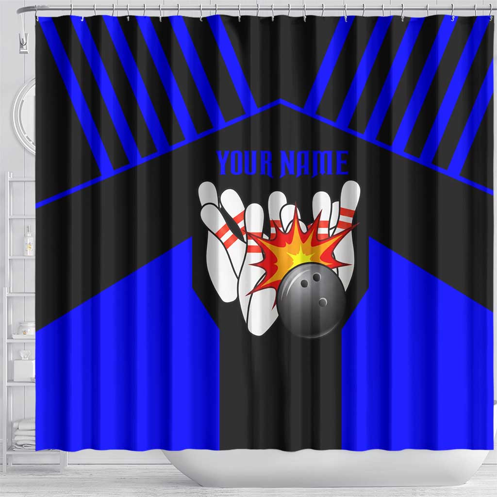 Custom Blue and Black Bowling Shower Curtain with Exploding Strike Design Pin Graphics - Wonder Print Shop
