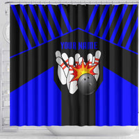 Custom Blue and Black Bowling Shower Curtain with Exploding Strike Design Pin Graphics - Wonder Print Shop