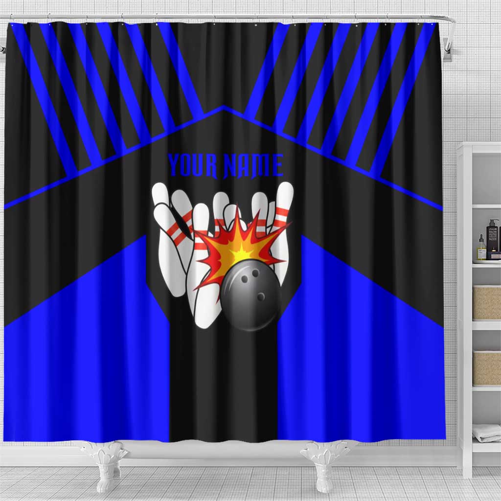Custom Blue and Black Bowling Shower Curtain with Exploding Strike Design Pin Graphics - Wonder Print Shop