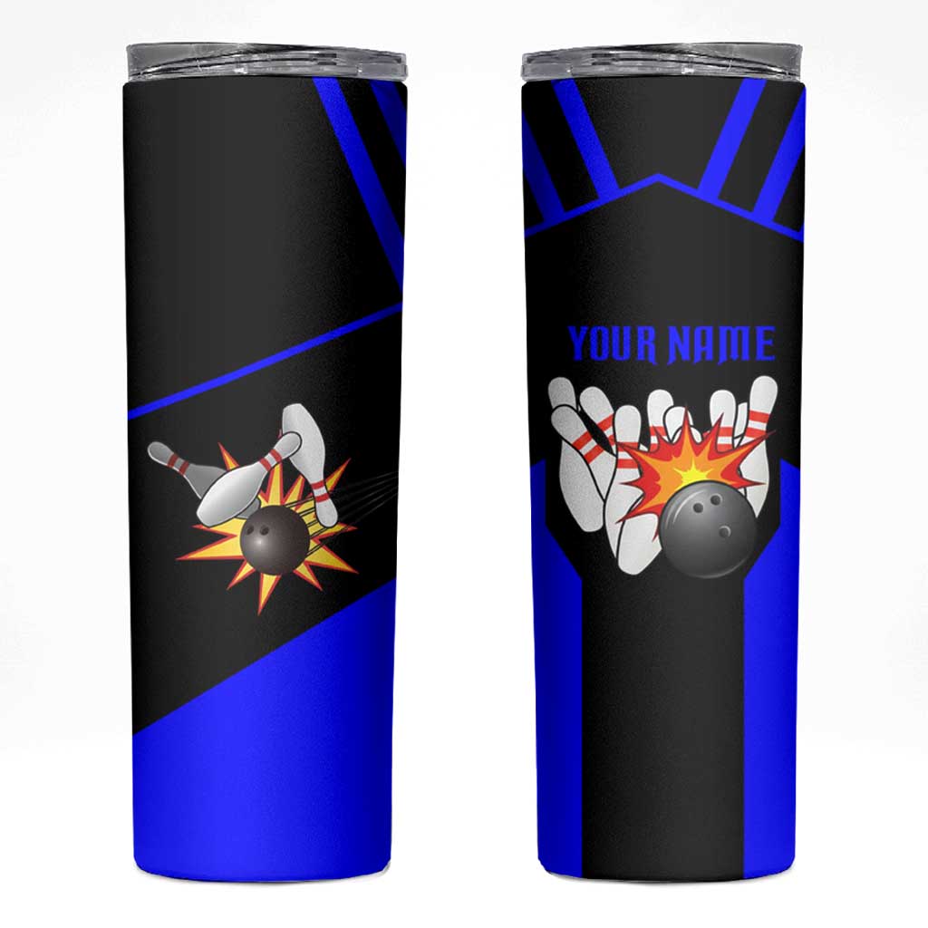 Custom Blue and Black Bowling Skinny Tumbler with Exploding Strike Design Pin Graphics - Wonder Print Shop