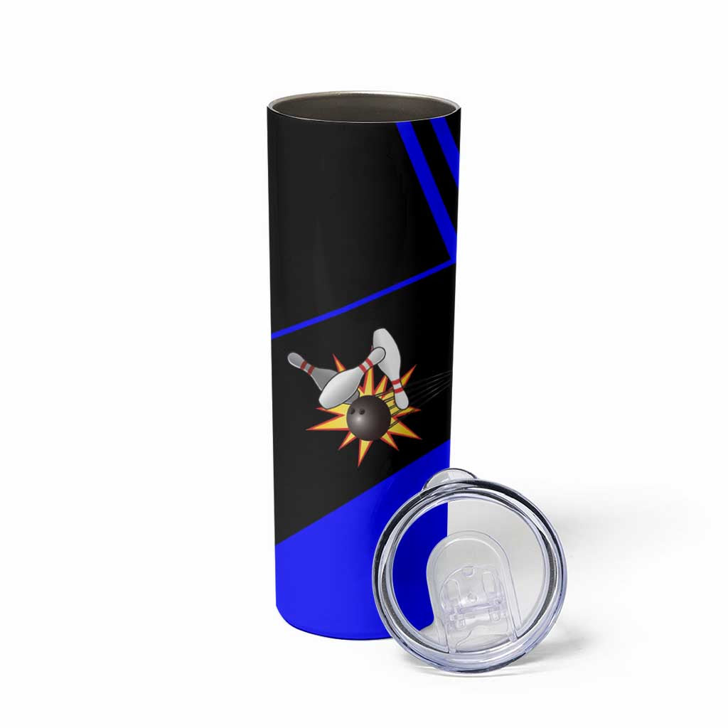 Custom Blue and Black Bowling Skinny Tumbler with Exploding Strike Design Pin Graphics - Wonder Print Shop