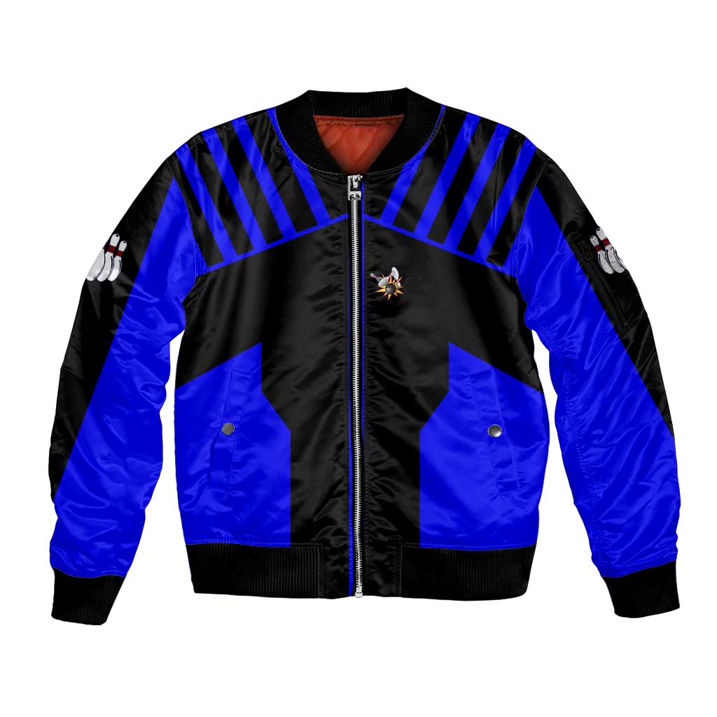 Custom Blue and Black Bowling Sleeve Zip Bomber Jacket with Exploding Strike Design Pin Graphics - Wonder Print Shop