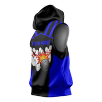 Custom Blue and Black Bowling Sleeveless Hoodie with Exploding Strike Design Pin Graphics - Wonder Print Shop