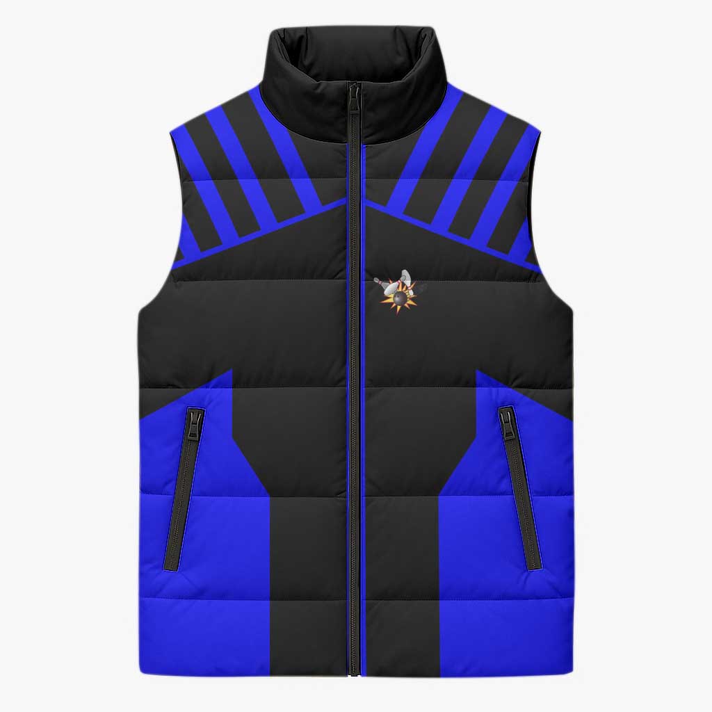 Custom Blue and Black Bowling Sleeveless Puffer Jacket with Exploding Strike Design Pin Graphics - Wonder Print Shop
