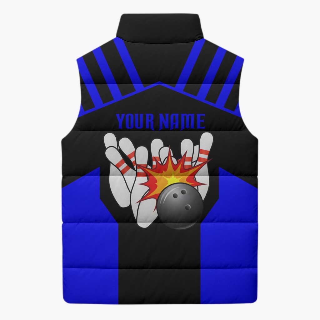 Custom Blue and Black Bowling Sleeveless Puffer Jacket with Exploding Strike Design Pin Graphics - Wonder Print Shop