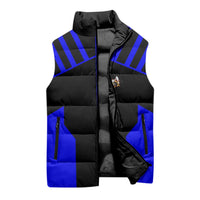 Custom Blue and Black Bowling Sleeveless Puffer Jacket with Exploding Strike Design Pin Graphics - Wonder Print Shop