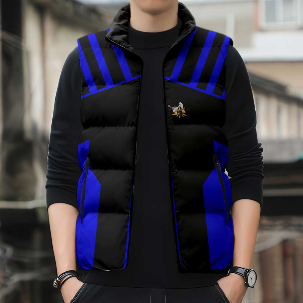 Custom Blue and Black Bowling Sleeveless Puffer Jacket with Exploding Strike Design Pin Graphics - Wonder Print Shop