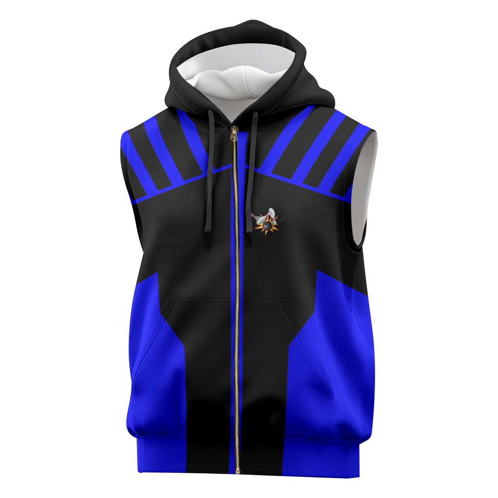 Custom Blue and Black Bowling Sleeveless Zip Hoodie with Exploding Strike Design Pin Graphics - Wonder Print Shop