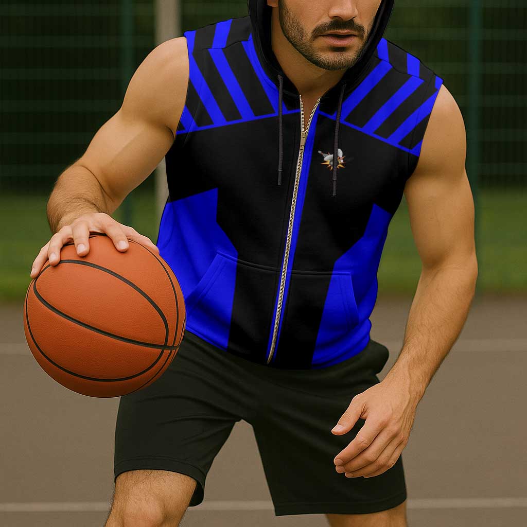 Custom Blue and Black Bowling Sleeveless Zip Hoodie with Exploding Strike Design Pin Graphics - Wonder Print Shop