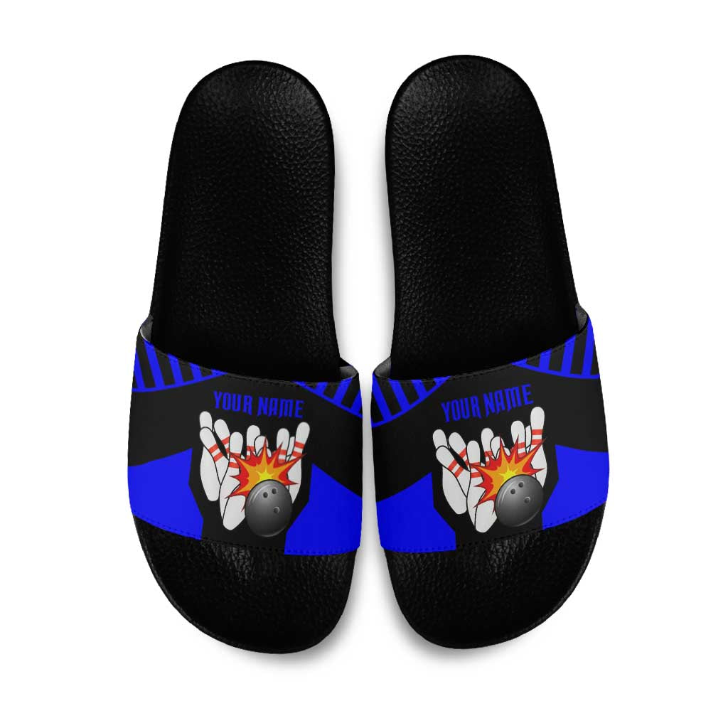 Custom Blue and Black Bowling Slide Sandals with Exploding Strike Design Pin Graphics - Wonder Print Shop