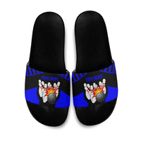 Custom Blue and Black Bowling Slide Sandals with Exploding Strike Design Pin Graphics - Wonder Print Shop