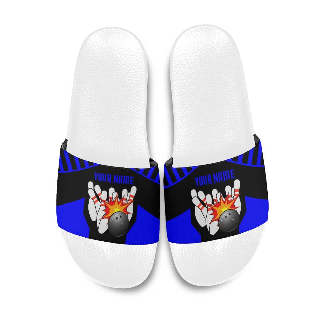 Custom Blue and Black Bowling Slide Sandals with Exploding Strike Design Pin Graphics - Wonder Print Shop
