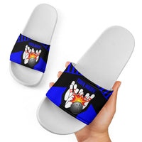 Custom Blue and Black Bowling Slide Sandals with Exploding Strike Design Pin Graphics - Wonder Print Shop