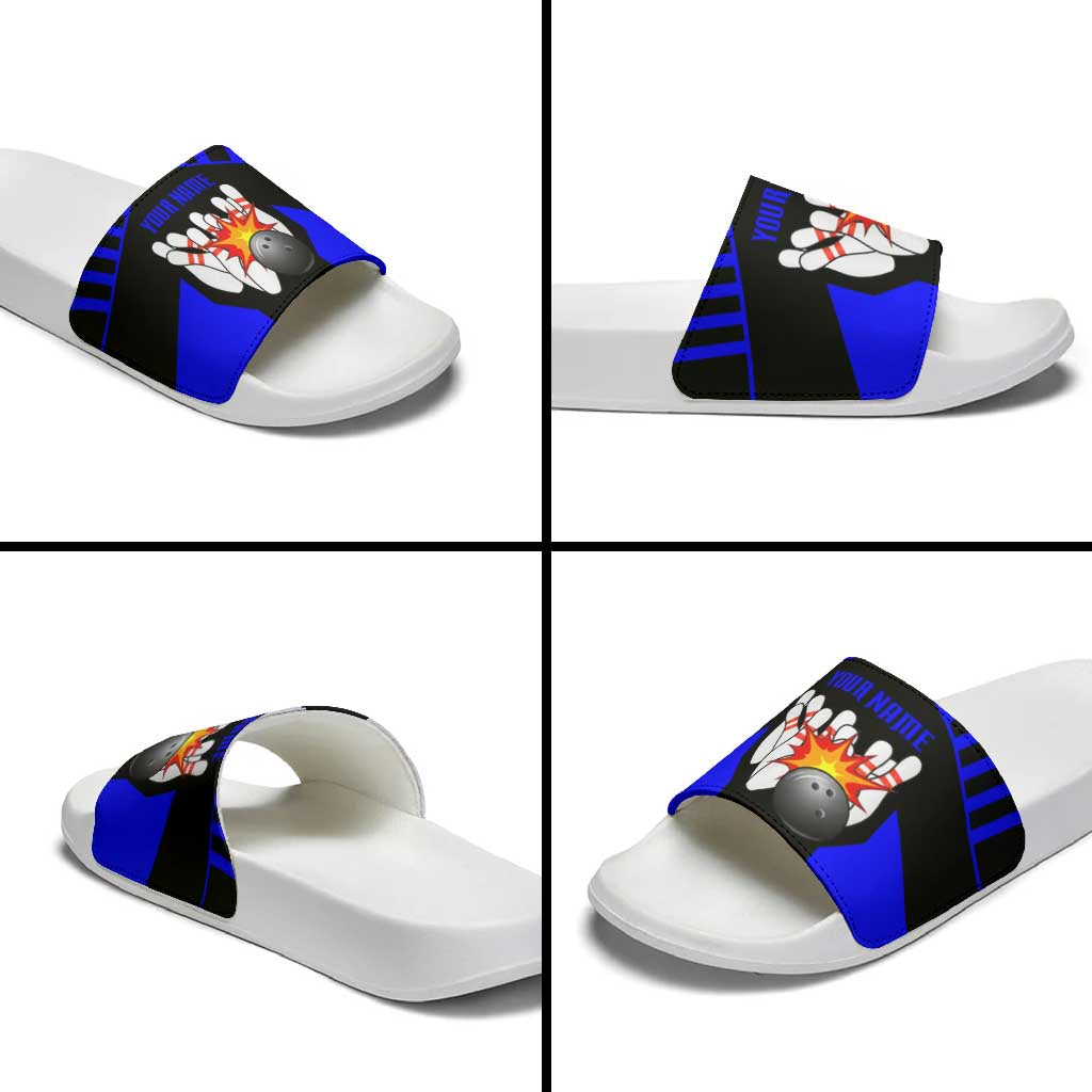 Custom Blue and Black Bowling Slide Sandals with Exploding Strike Design Pin Graphics - Wonder Print Shop
