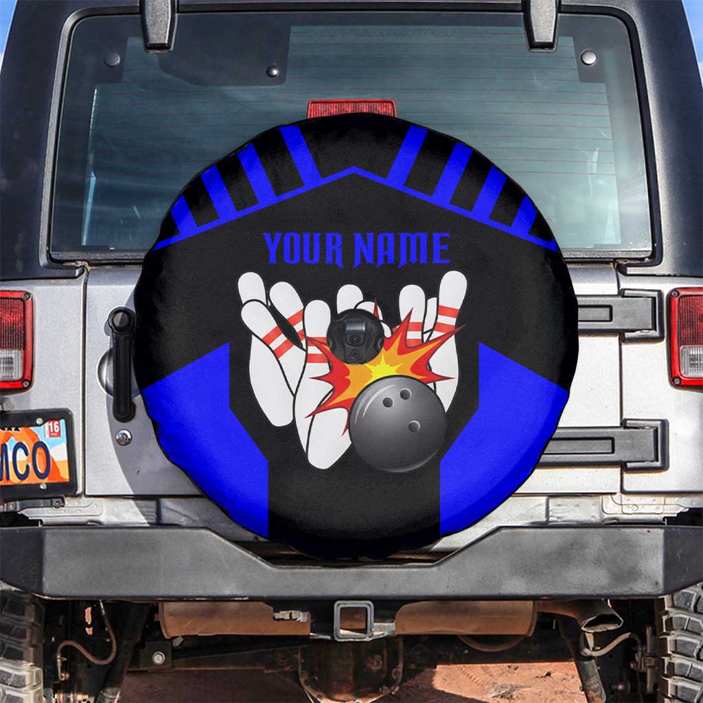 Custom Blue and Black Bowling Spare Tire Cover with Exploding Strike Design Pin Graphics - Wonder Print Shop