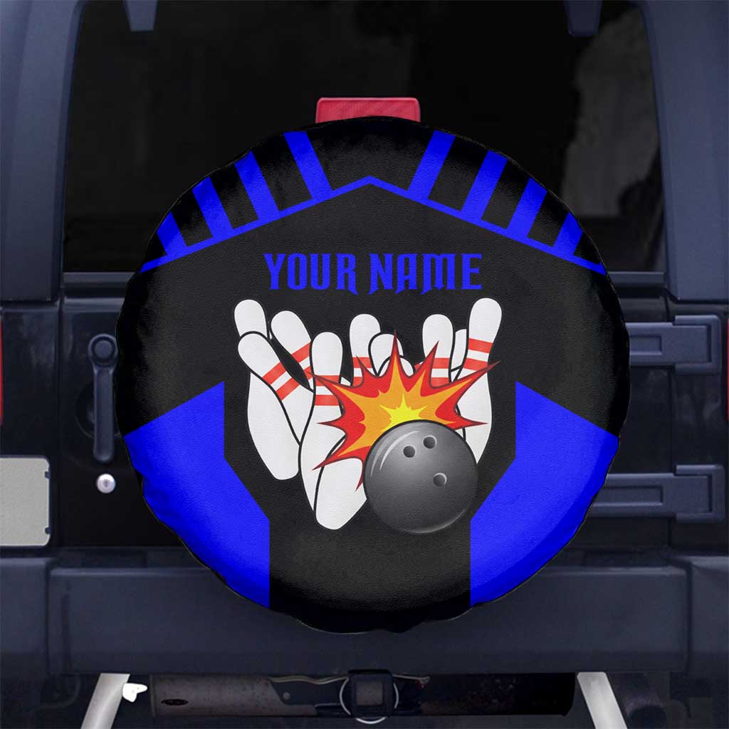 Custom Blue and Black Bowling Spare Tire Cover with Exploding Strike Design Pin Graphics - Wonder Print Shop