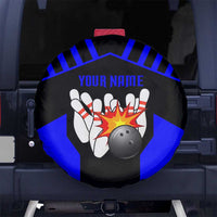 Custom Blue and Black Bowling Spare Tire Cover with Exploding Strike Design Pin Graphics - Wonder Print Shop