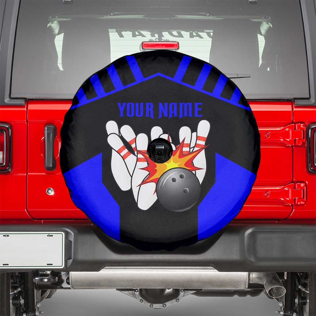 Custom Blue and Black Bowling Spare Tire Cover with Exploding Strike Design Pin Graphics - Wonder Print Shop