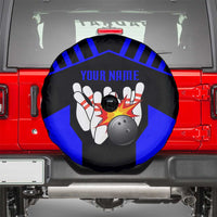 Custom Blue and Black Bowling Spare Tire Cover with Exploding Strike Design Pin Graphics - Wonder Print Shop