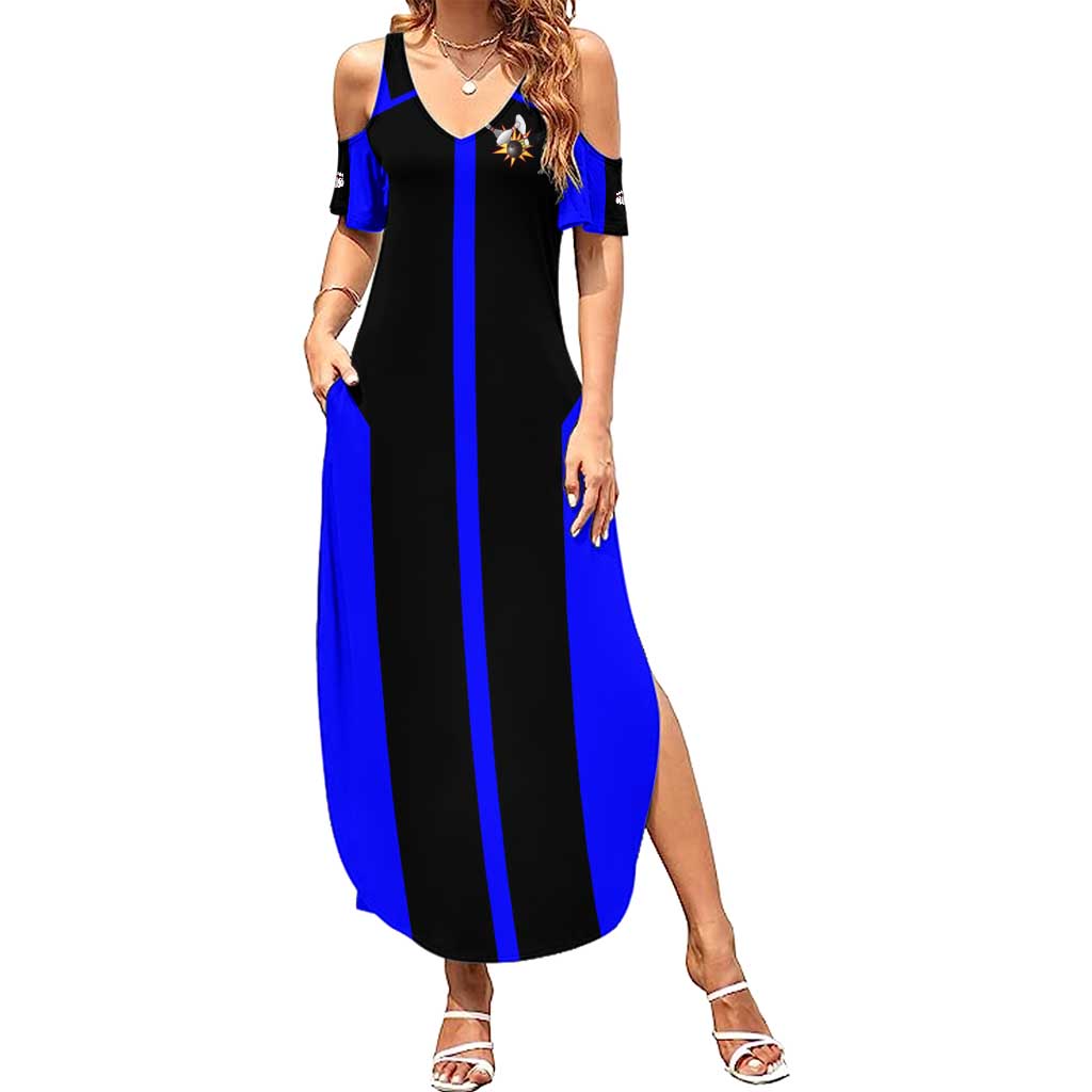 Custom Blue and Black Bowling Summer Maxi Dress with Exploding Strike Design Pin Graphics - Wonder Print Shop