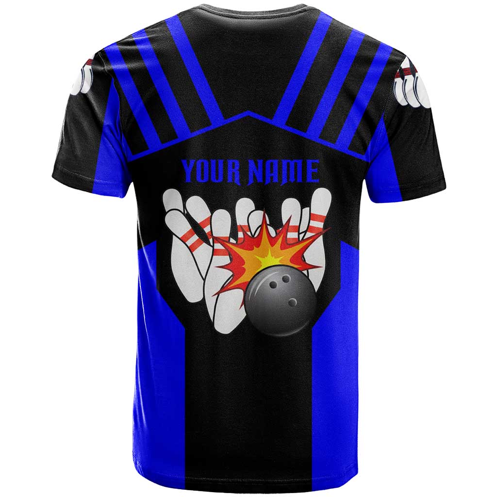 Custom Blue and Black Bowling T Shirt with Exploding Strike Design Pin Graphics - Wonder Print Shop