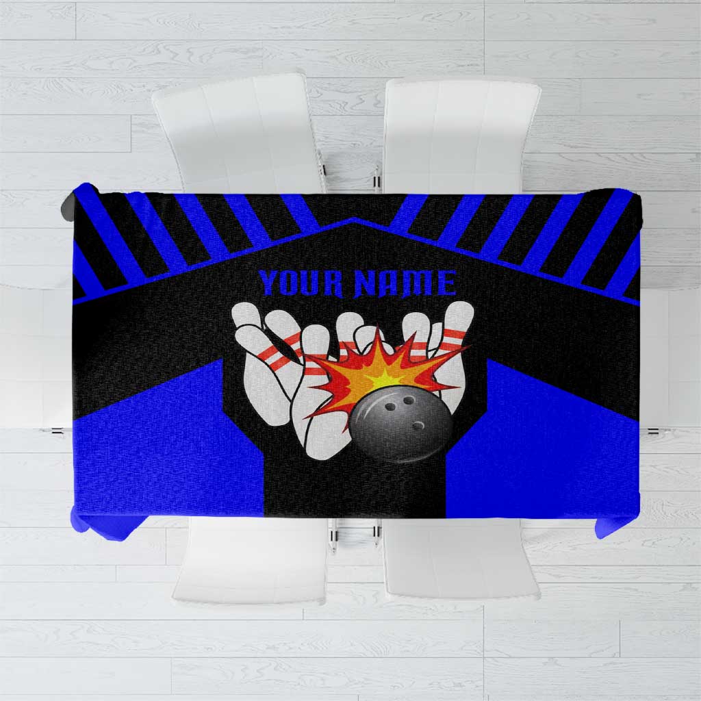 Custom Blue and Black Bowling Tablecloth with Exploding Strike Design Pin Graphics - Wonder Print Shop