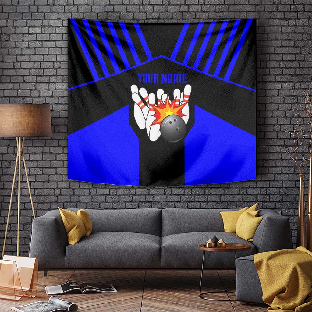 Custom Blue and Black Bowling Tapestry with Exploding Strike Design Pin Graphics - Wonder Print Shop