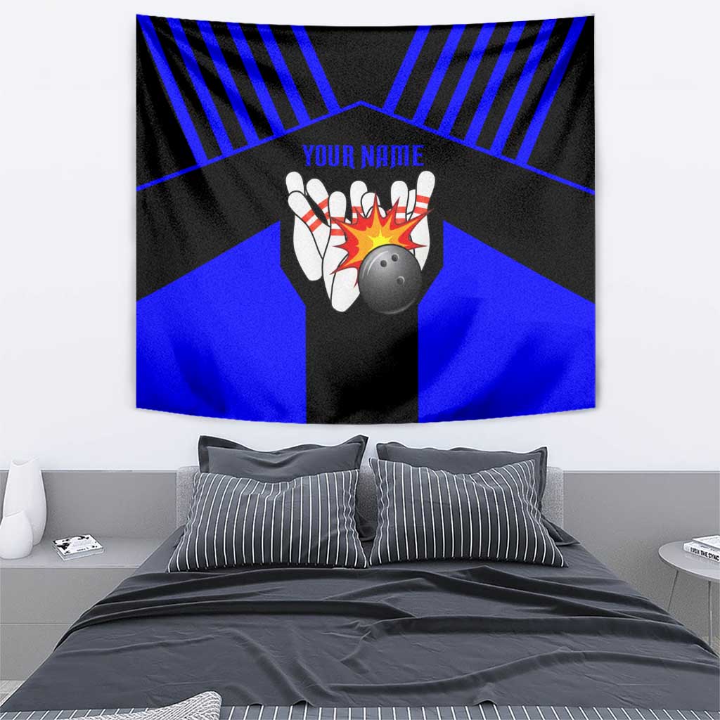 Custom Blue and Black Bowling Tapestry with Exploding Strike Design Pin Graphics - Wonder Print Shop