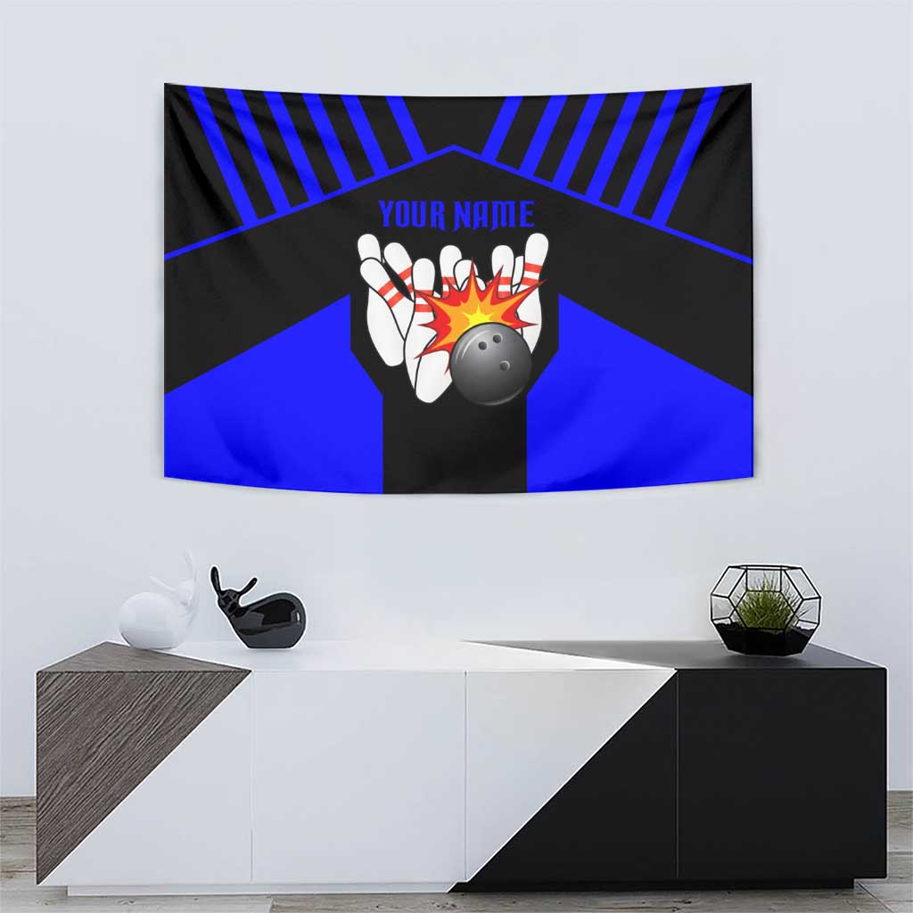 Custom Blue and Black Bowling Tapestry with Exploding Strike Design Pin Graphics - Wonder Print Shop