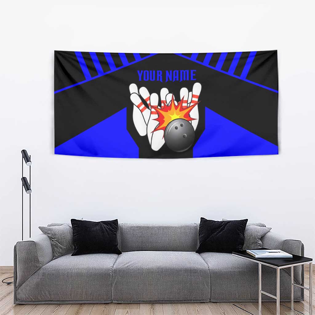 Custom Blue and Black Bowling Tapestry with Exploding Strike Design Pin Graphics - Wonder Print Shop