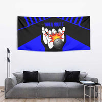 Custom Blue and Black Bowling Tapestry with Exploding Strike Design Pin Graphics - Wonder Print Shop
