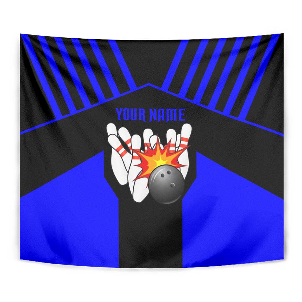 Custom Blue and Black Bowling Tapestry with Exploding Strike Design Pin Graphics - Wonder Print Shop