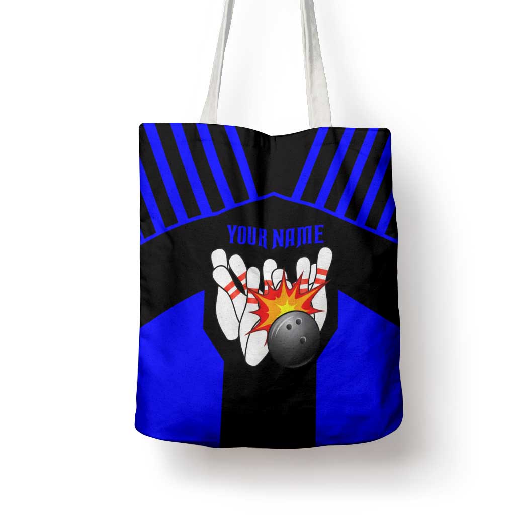 Custom Blue and Black Bowling Tote Bag with Exploding Strike Design Pin Graphics - Wonder Print Shop