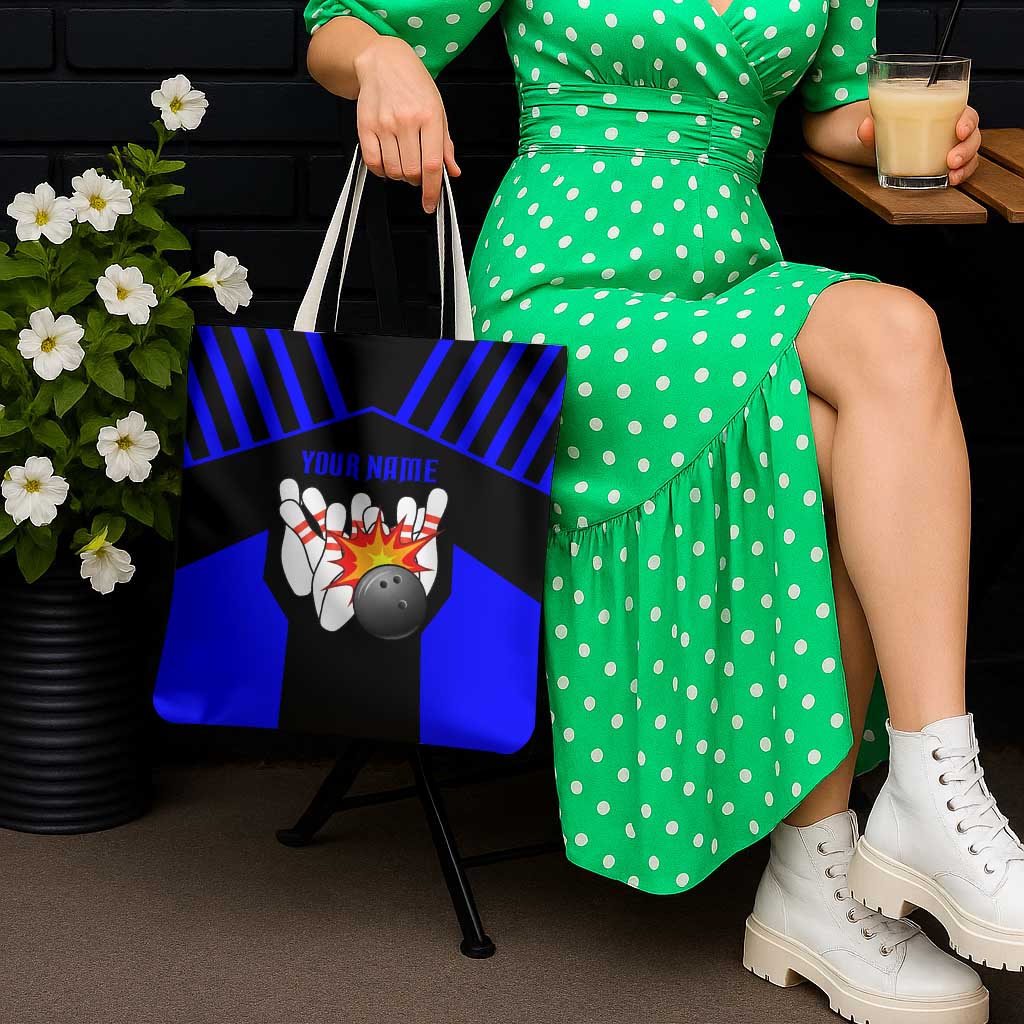 Custom Blue and Black Bowling Tote Bag with Exploding Strike Design Pin Graphics - Wonder Print Shop
