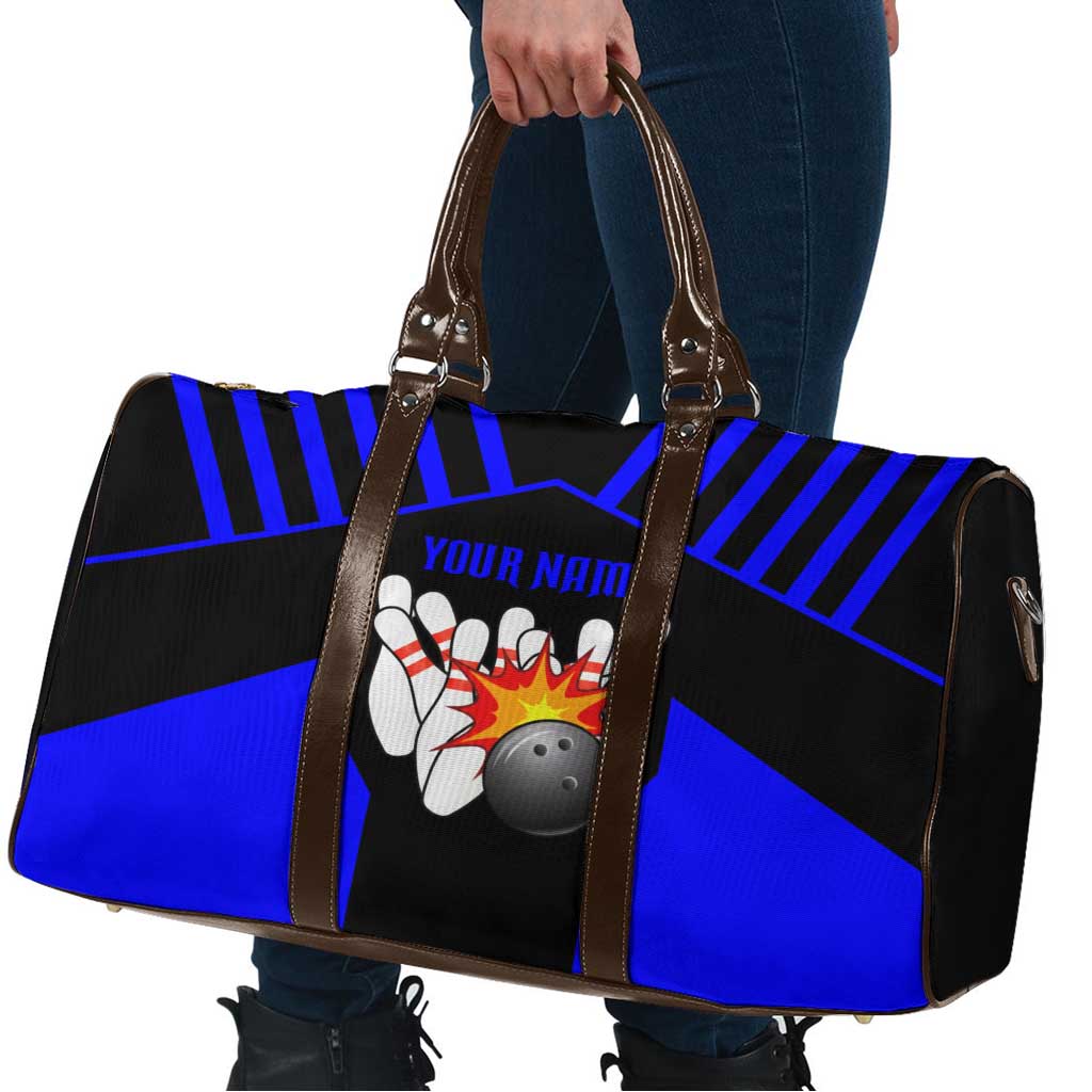 Custom Blue and Black Bowling Travel Bag with Exploding Strike Design Pin Graphics - Wonder Print Shop