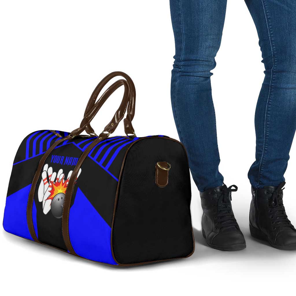 Custom Blue and Black Bowling Travel Bag with Exploding Strike Design Pin Graphics - Wonder Print Shop