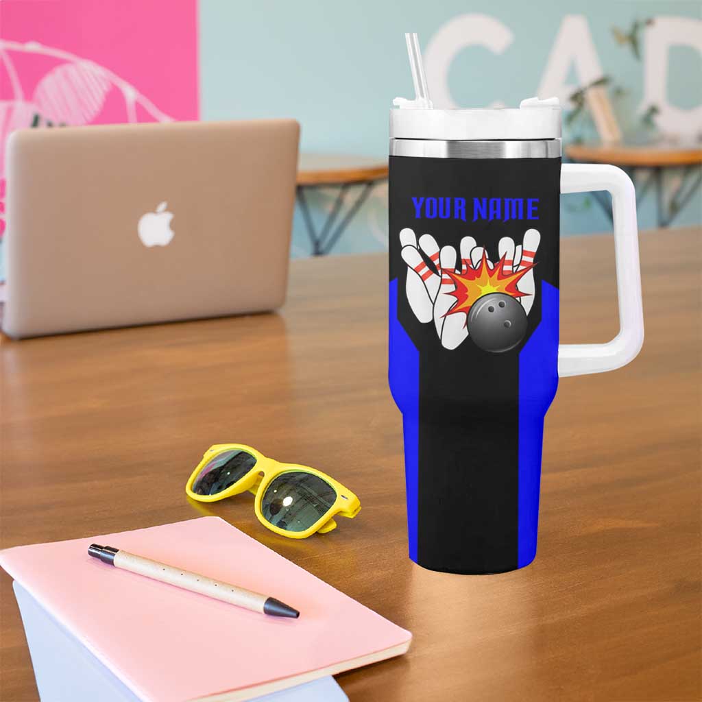 Custom Blue and Black Bowling Tumbler With Handle with Exploding Strike Design Pin Graphics - Wonder Print Shop