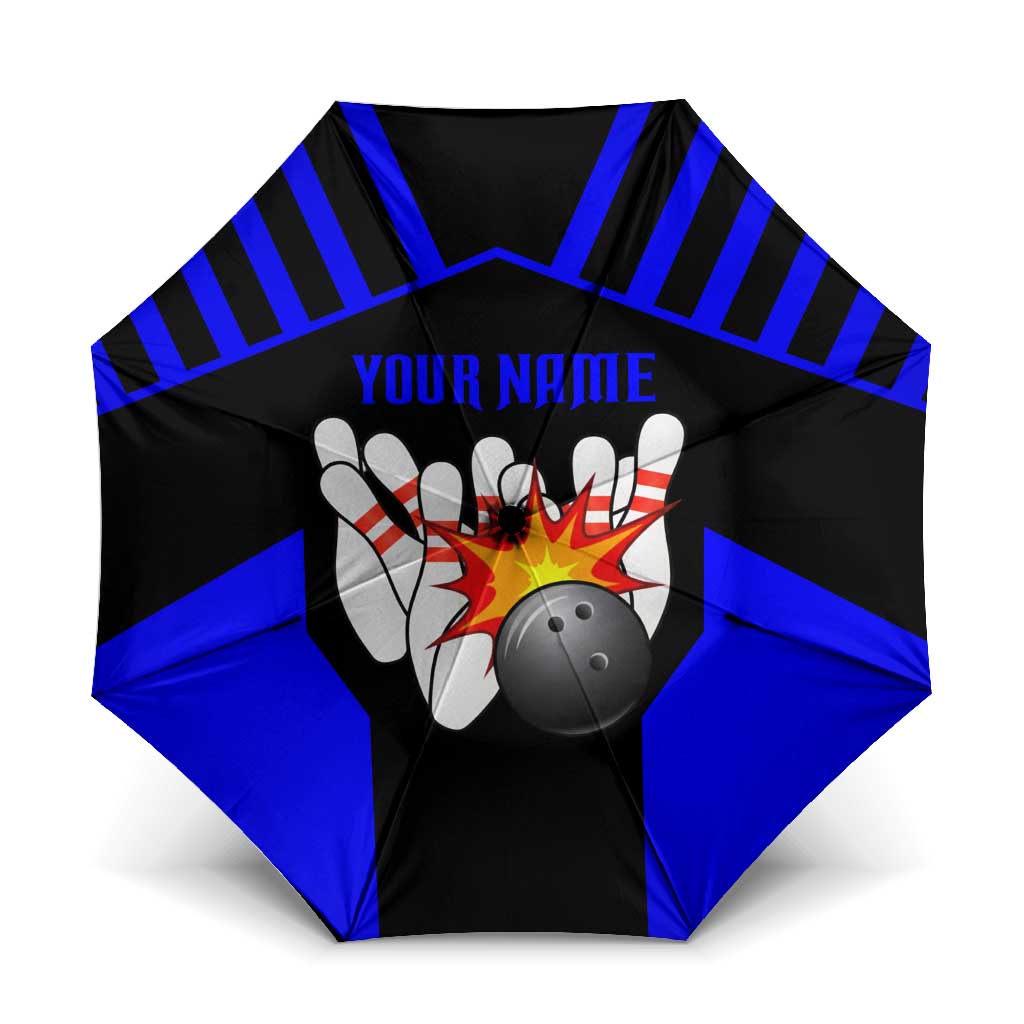 Custom Blue and Black Bowling Umbrella with Exploding Strike Design Pin Graphics - Wonder Print Shop